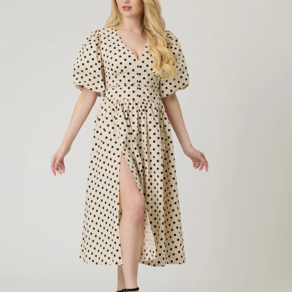 Elegant Cream and Black Polka Dot Midi Dress